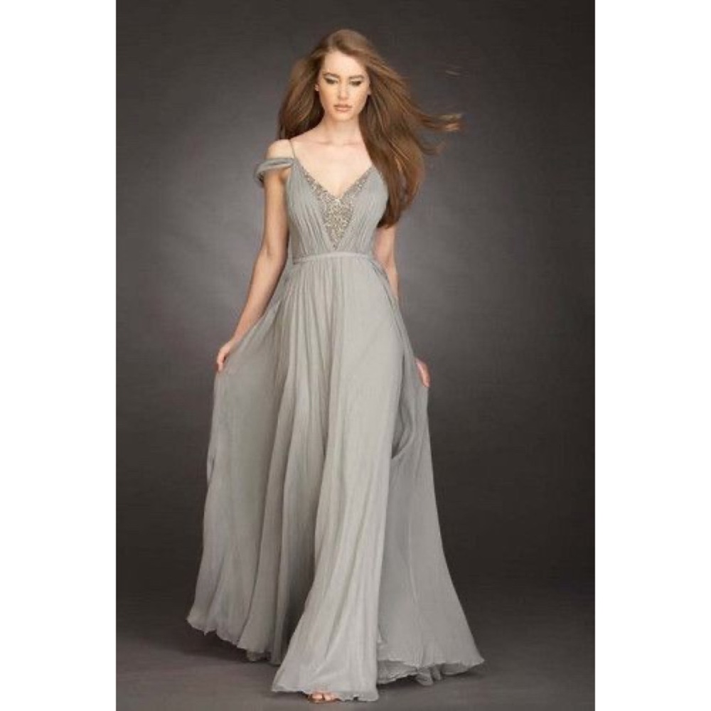 Mikael Aghal Silver-Gray Chiffon Maxi Gown with Embellished V-Neck